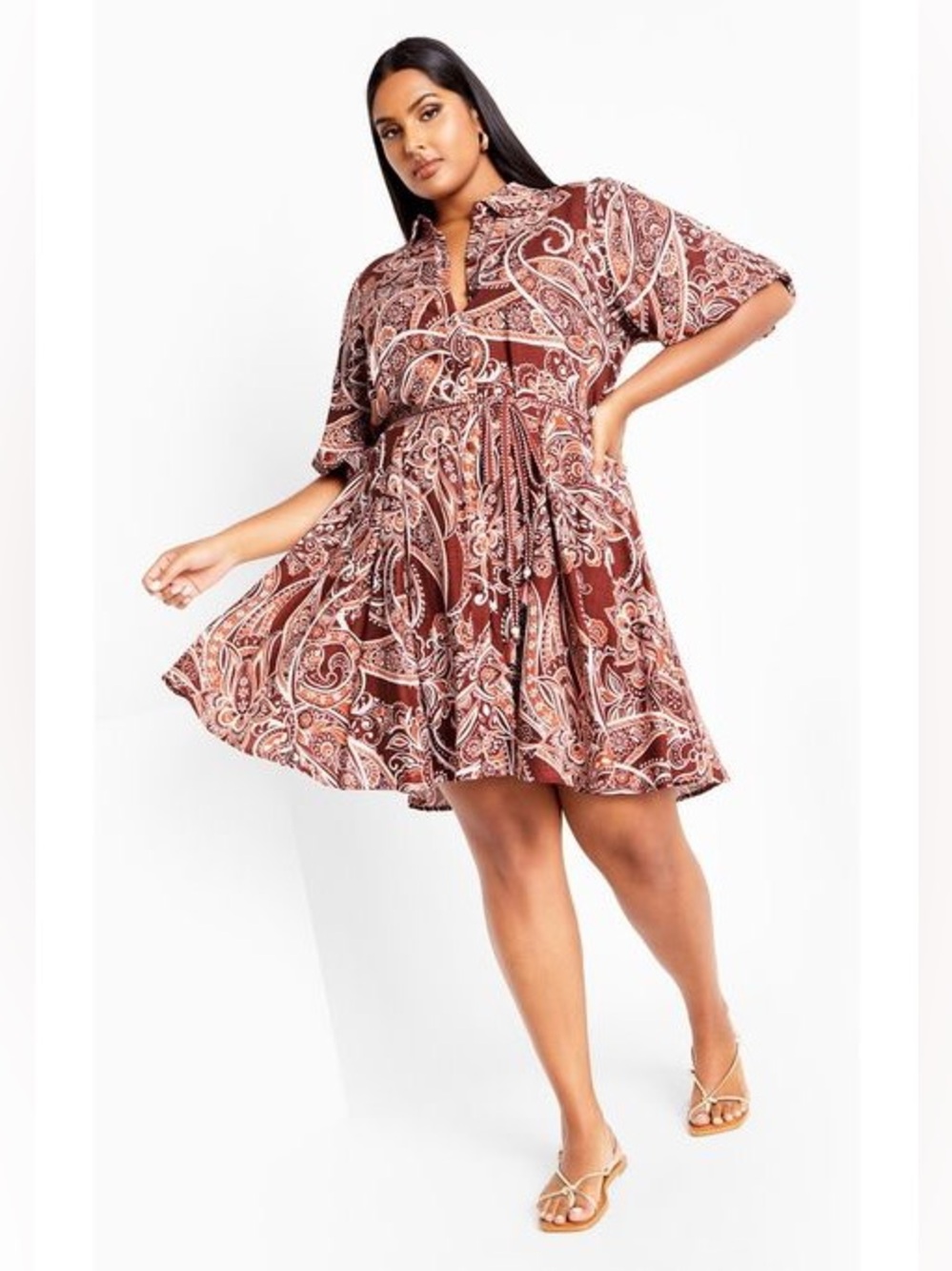City Chic Rusty Brown Orange Paisley Button Front Belted Circle Dress 3X
